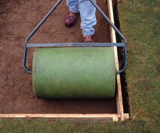 Gardener compacting a a patch of soil with a large roller