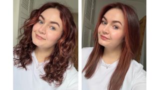 Two adjacent images showing Lucy's curly hair before (left) and after (right) using the ghd Chronos Max Hair Straightener