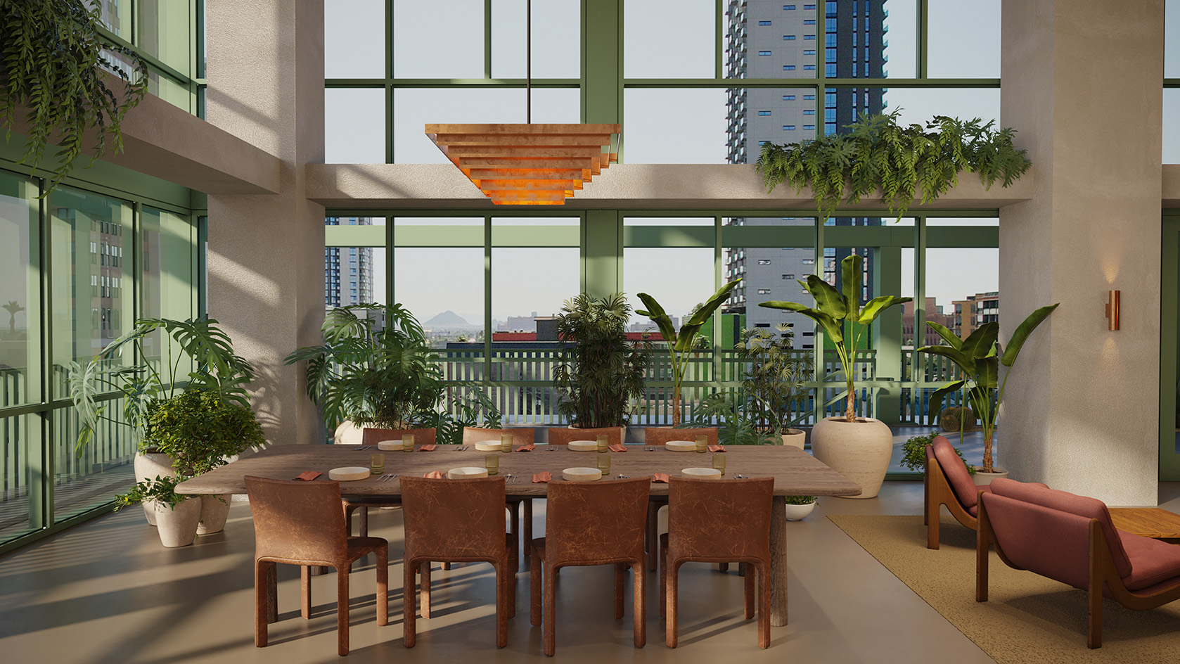 long table in seating and coworking area render at Ray Phoenix