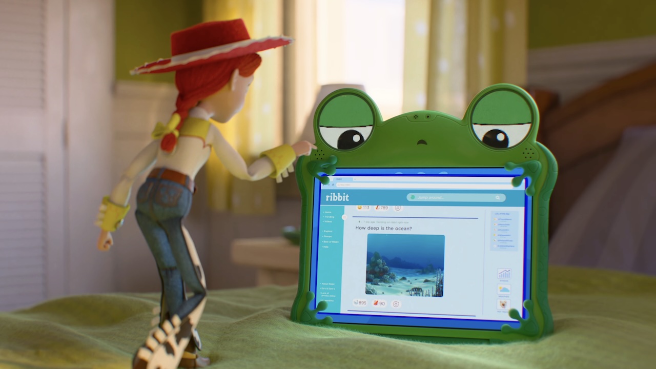 Bo Peep looking at Lily Pad showing a "How Deep Is The Ocean" webpage in Toy Story 5