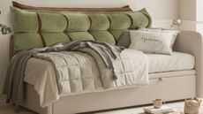 WOWMAX headboard pillow in moss green and brown styled on a twin sized bed in a neutral bedroom