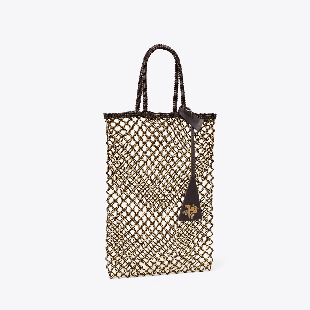 Small Handwoven Chain Mesh Tote in Brown, Size Os