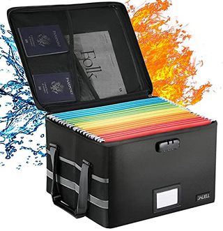 Black File Box With Lock - a File Organizer Box With Water-Resistant Zipper & Adjustable Handle,with colored folders for slipping paperwork into