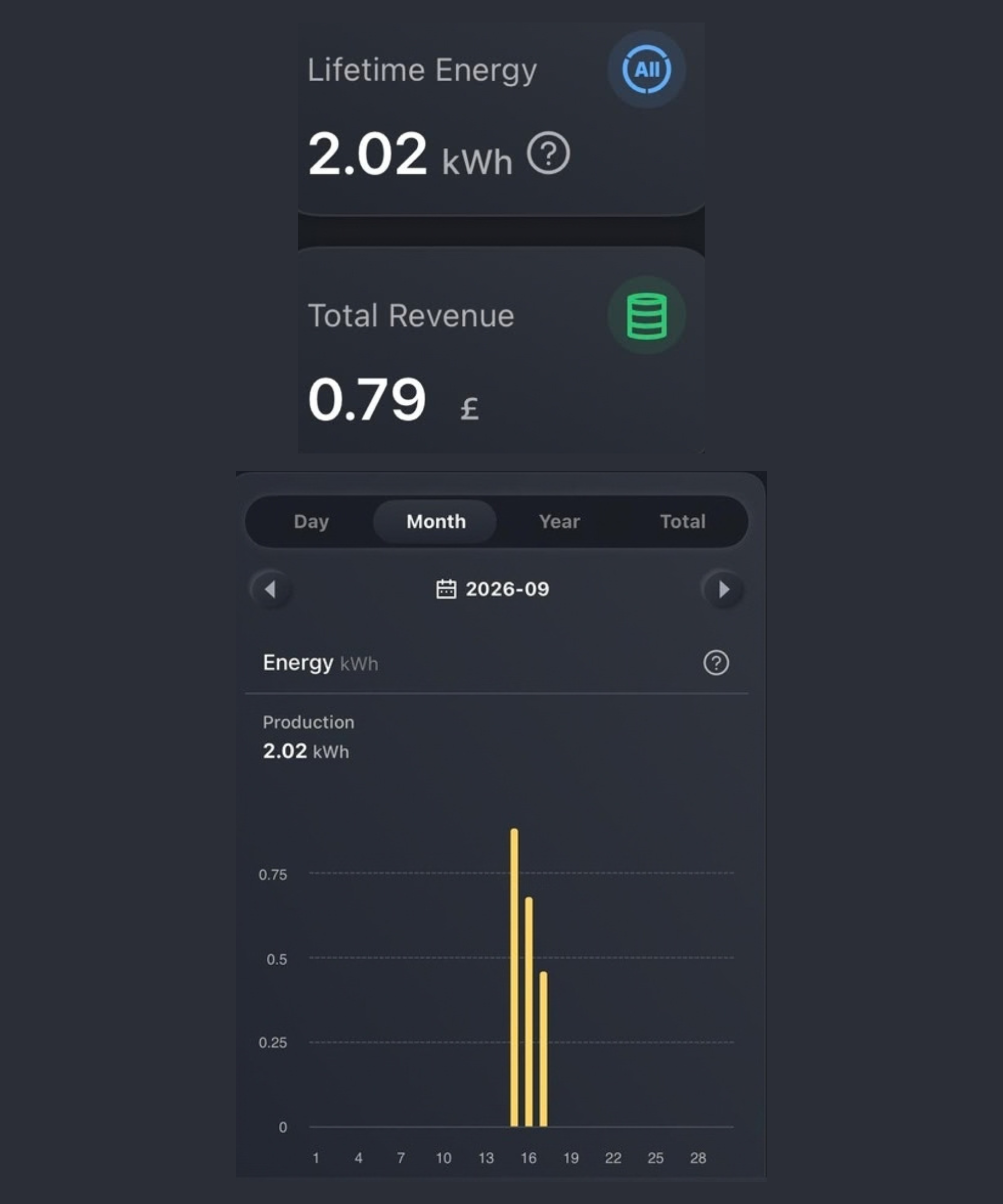 Graph showing how much lifetime energy, total revenue and graph view of the plug in solar panels