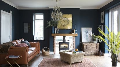 Living room with dark blue painted walls and a feature fireplace with woodburning stove