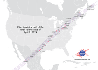 A map showing major cities along the path of totality on April 8.