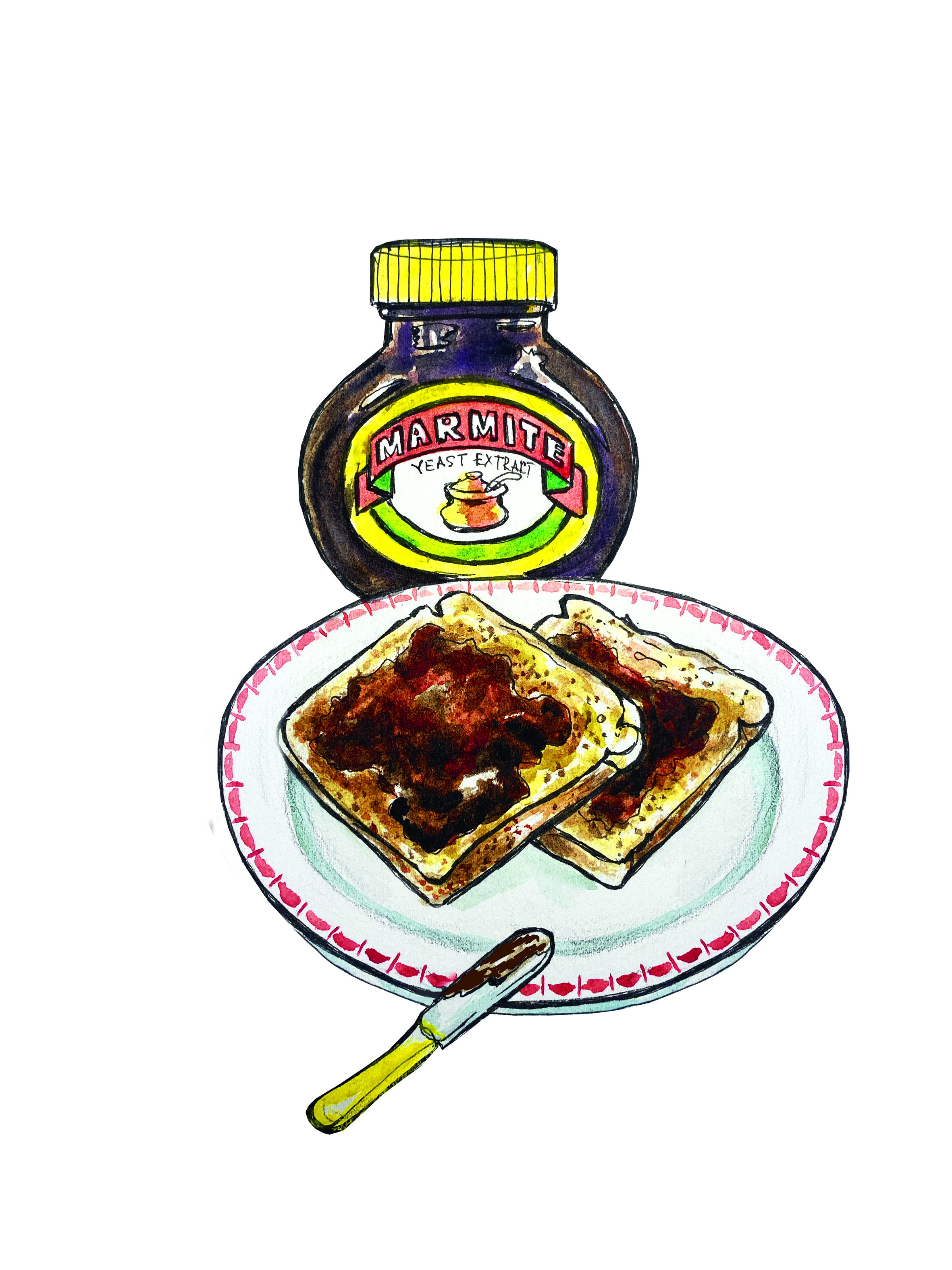 Illustration of a tub of marmite and two slice of toast covered in butter and marmite