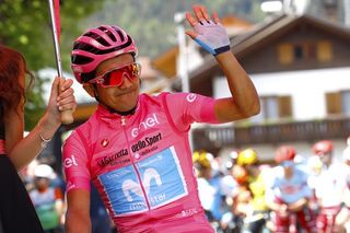 Overall leader Richard Carapaz (Movistar) stage 18 at the Giro d'Italia