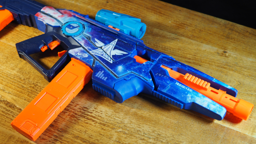 Nerf Loadout Galactic Commander blaster lying on a wooden surface