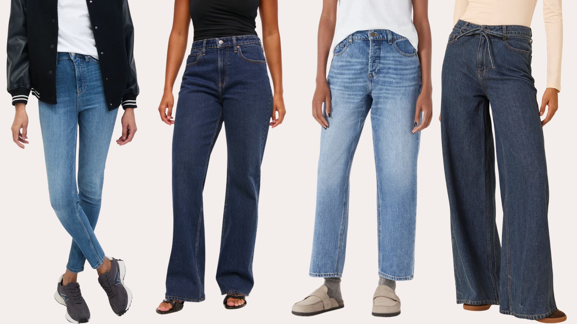 Four images of jeans on models from M&S, Abercrombie & Fitch, Hush and Nobody's Child 