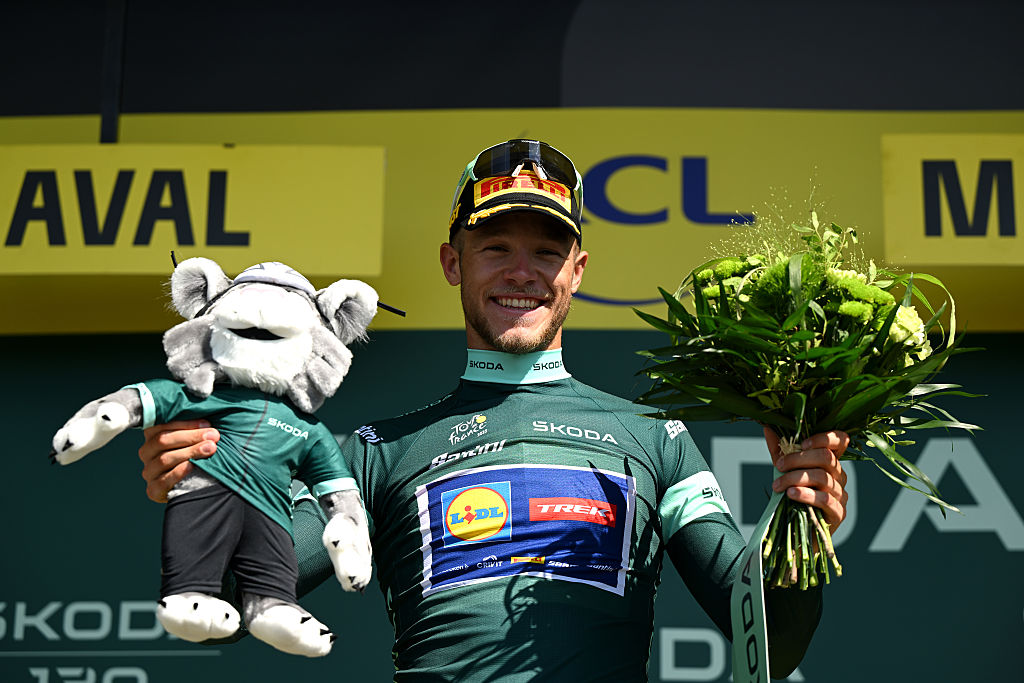 LAVAL, FRANCE - JULY 12: Jonathan Milan of Italy and Team Lidl - Trek celebrates at podium as Green Sprint Jersey winner during the 112th Tour de France, Stage 8 a 197km stage from Saint-Meen-le-Grand to Laval (Espace Mayenne) / #UCIWT / on July 12, 2025 in Laval, France.