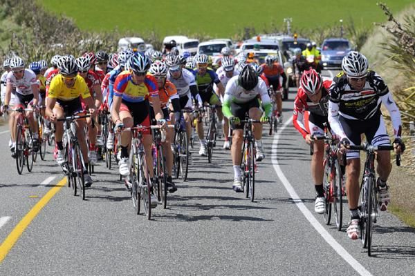 The peloton negotiate the rolling countryside on Stage seven
