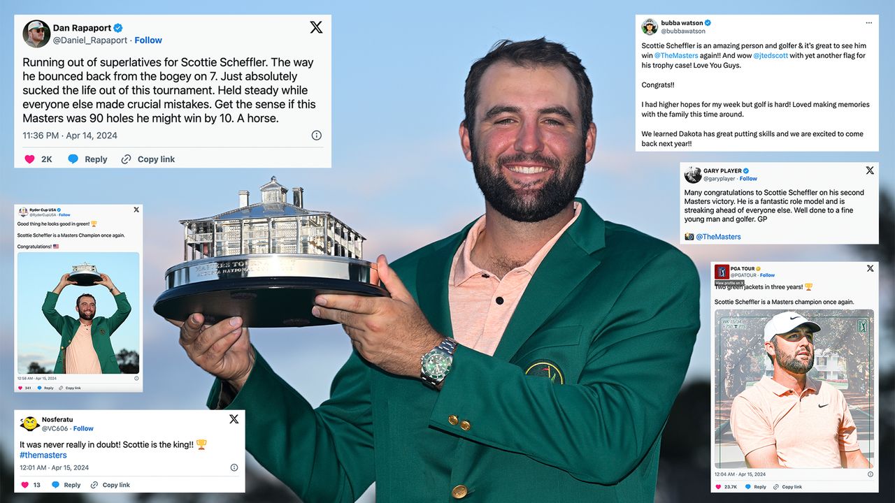 Scottie Scheffler with the Masters trophy surrounded by screenshots of messages of congratulations