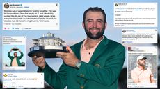 Scottie Scheffler with the Masters trophy surrounded by screenshots of messages of congratulations
