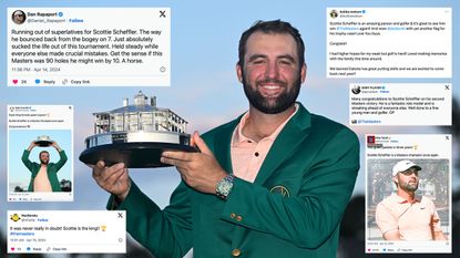Scottie Scheffler with the Masters trophy surrounded by screenshots of messages of congratulations