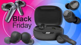 Acollection of earbuds on a pink TechRadar Black Friday background