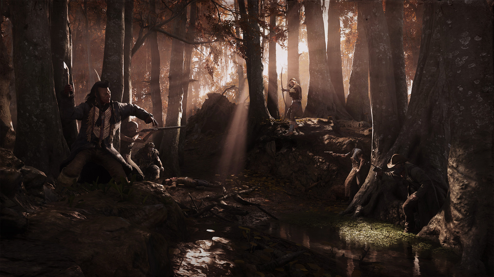 An image of various hunters all fighting in a forest in Hunt: Showdown