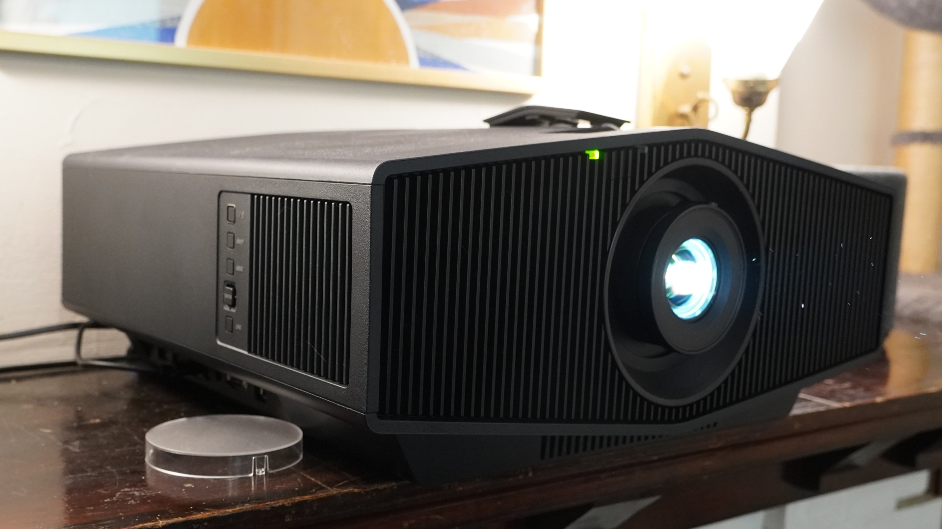 Sony Bravia Projector 7 on table with laser light turned on