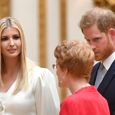 Ivanka Trump (L) and Britain's Prince Harry, Duke of Sussex view displays of US items of the Royal Collection at Buckingham palace at Buckingham Palace in central London on June 3, 2019, on the first day of their three-day State Visit to the UK. - Britain rolled out the red carpet for US President Donald Trump on June 3 as he arrived in Britain for a state visit already overshadowed by his outspoken remarks on Brexit.
