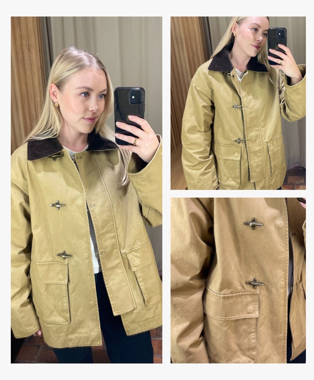 Woman wears canvas jacket with metal closures