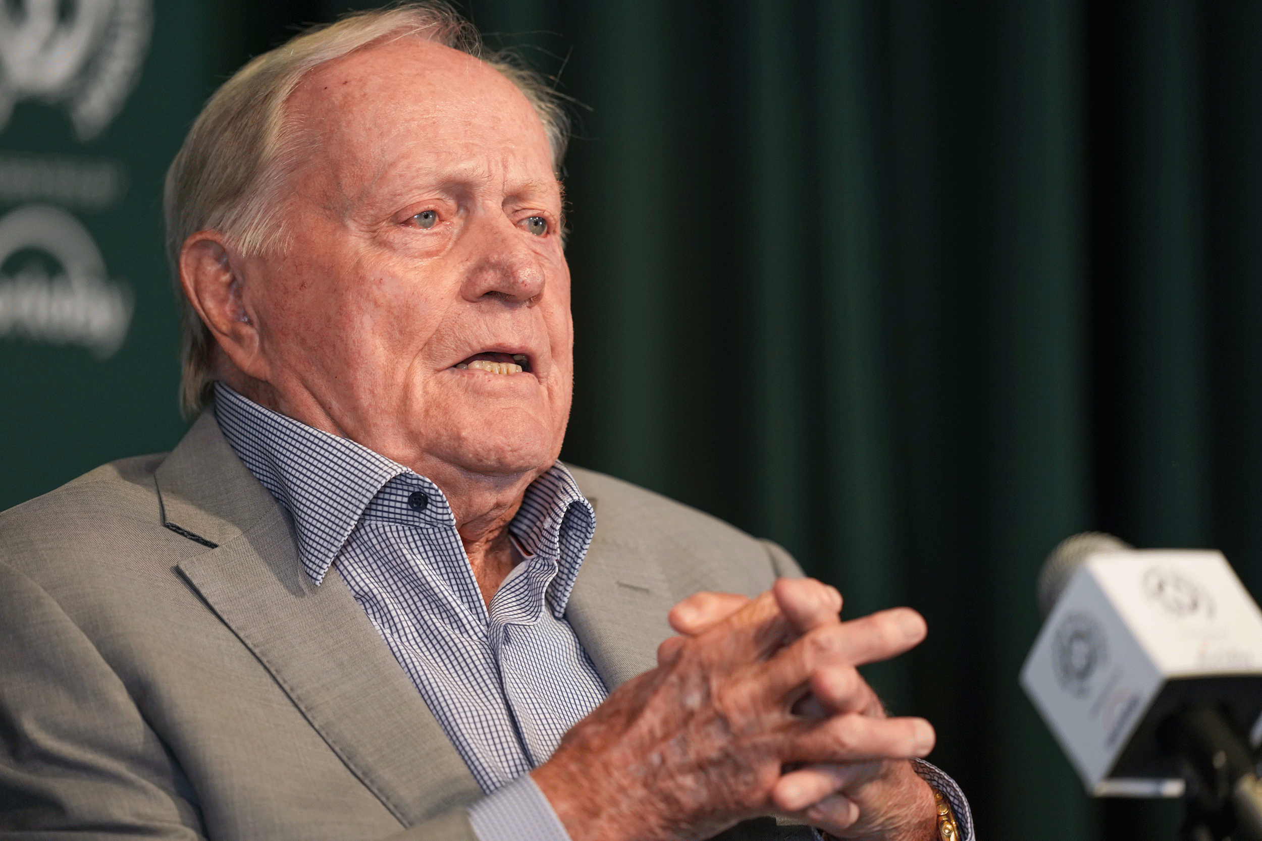 Jack Nicklaus speaks during his pre-tournament press conference ahead of the Memorial Tournament in 2026