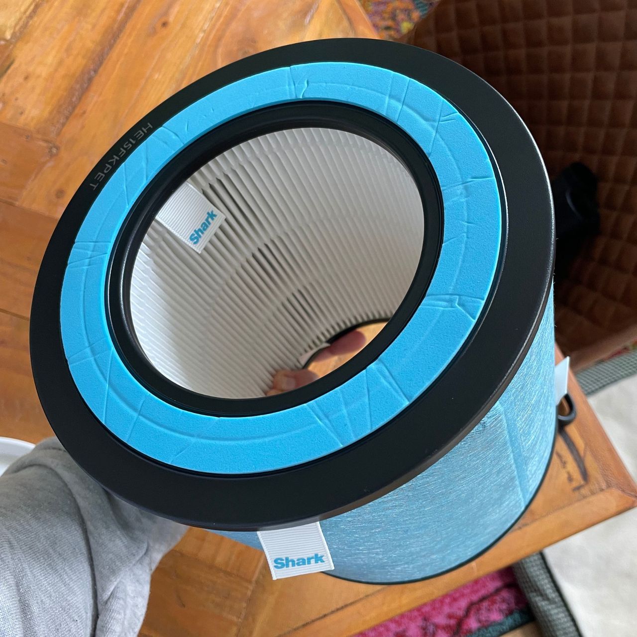 Hand holding the blue filter of the Shark NeverChange 5 Air Purifier