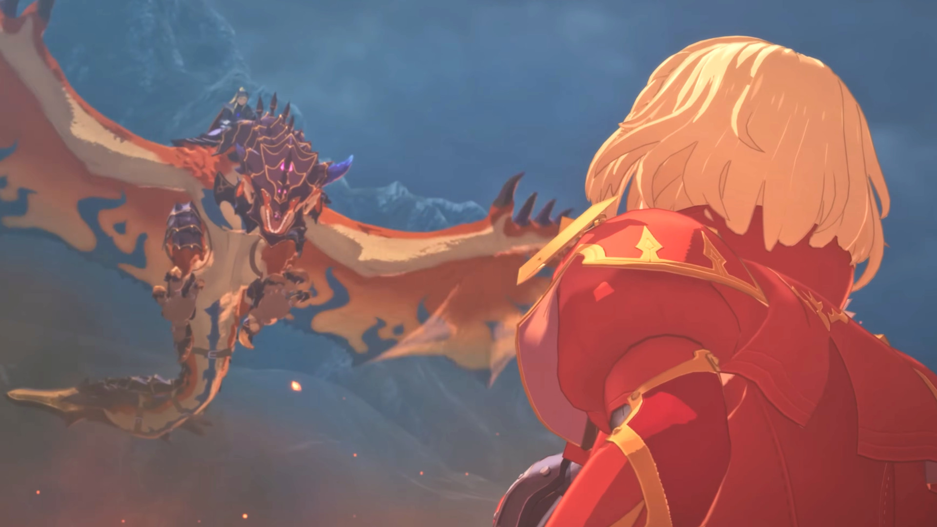 A rider looking at a character flying on a dragon's back during the RPG Monster Hunter Stories 3: Twisted Reflection