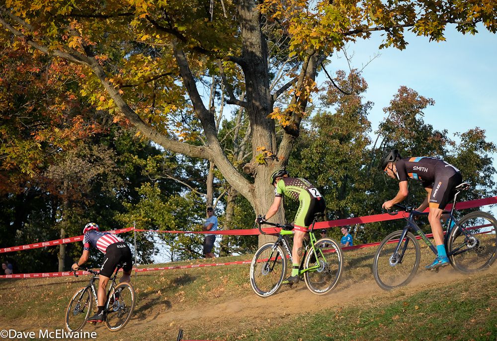 Jeremy Powers (Aspire Racing), Stephen Hyde, and Danny Summerhill crossing an off-camber portion of the course