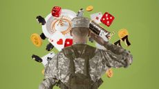 Photo collage of a US army soldier saluting a roulette wheel and other gambling related symbols