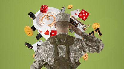 Photo collage of a US army soldier saluting a roulette wheel and other gambling related symbols