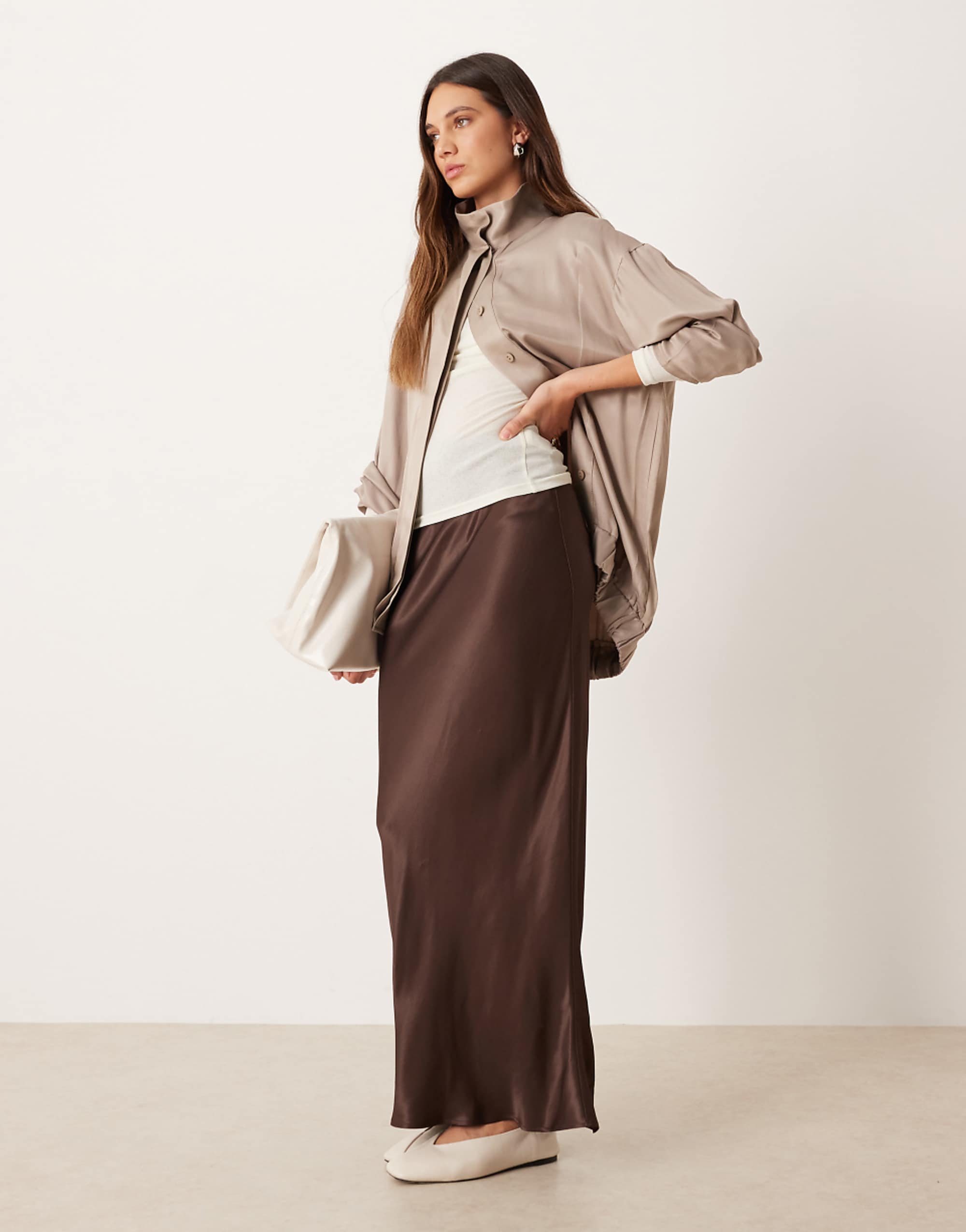Asos Design Satin Bias Maxi Skirt in Chocolate