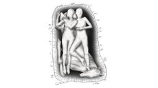 A black-and-white illustration of the two individuals buried arm in arm on top of a horse.