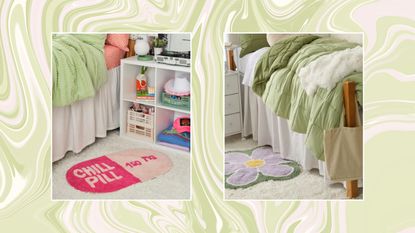 Two pictures of Dormify rugs in dorm rooms, on a green wavy background