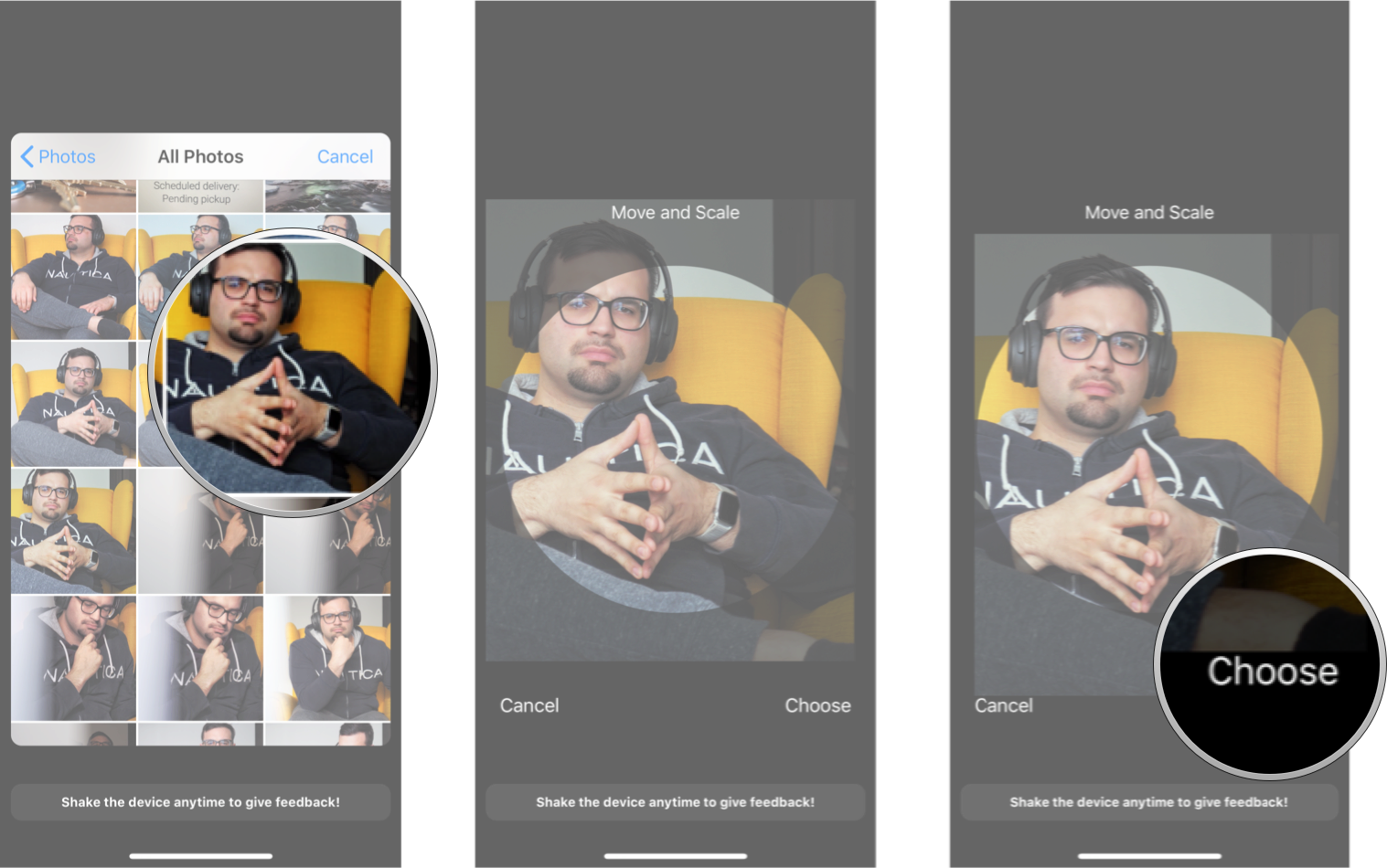 Tap the photo you want, adjust the photo, and then tap choose.