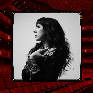 a black and white headshot of composer missy mazzoli looking to the side plastered over an image of red seats in an opera house 