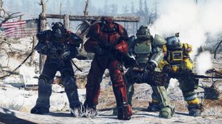 An array of Power Armor suits in black, red, gray and yellow