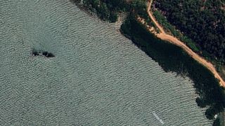 An aerial image showing a shipwreck near a forested shore