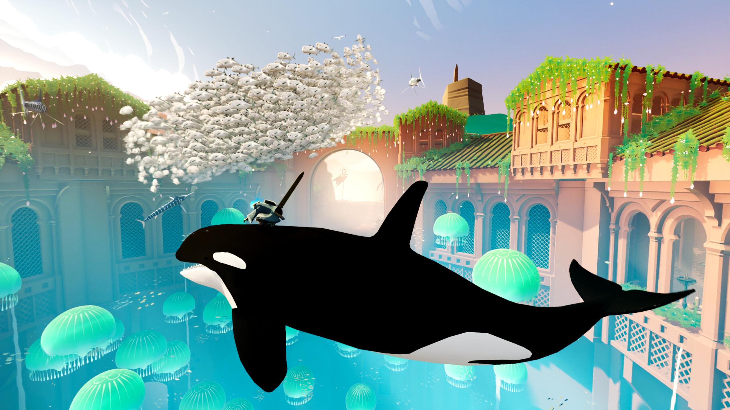 Riding a killer whale in Sword of the Sea