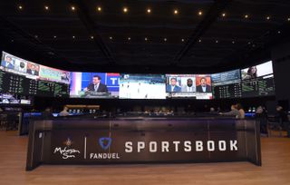 The massive dvLED displays showing sports to gamblers at the Mohegan Sun casino sport book.
