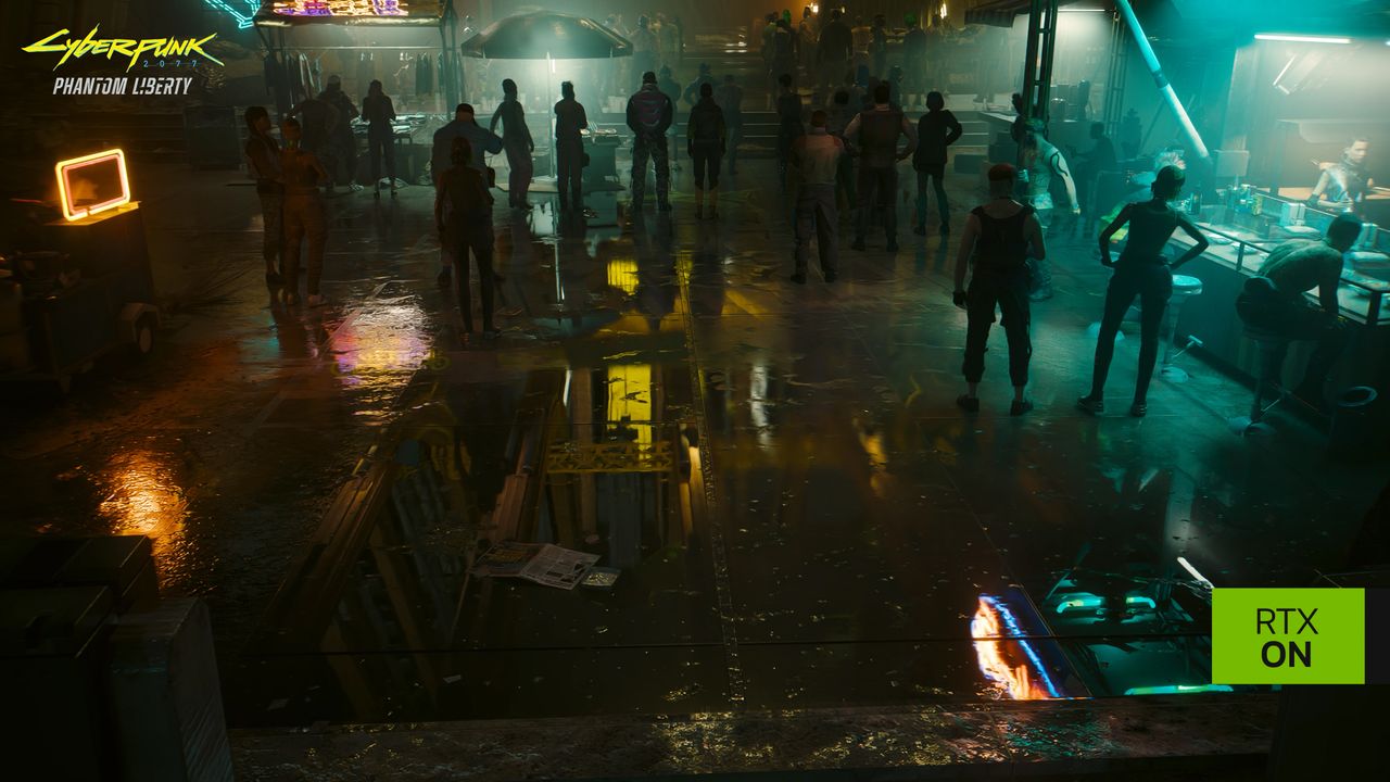 Cyberpunk 2077: Phantom Liberty screenshots with NPCs standing next to puddle