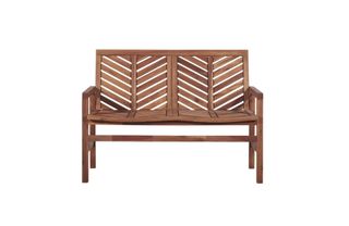 A wooden garden bench with a chevron pattern