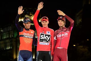 Chris Froome, Vincenzo Nibali and Ilnur Zakarin on the 2017 Vuelta podium