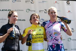 Valentina Scandolara (Roxsolt Attaquer) celebrates her second overall win in a row at the 2019 Bay Crits with second-placed Chloe Hosking and Peta Mullens