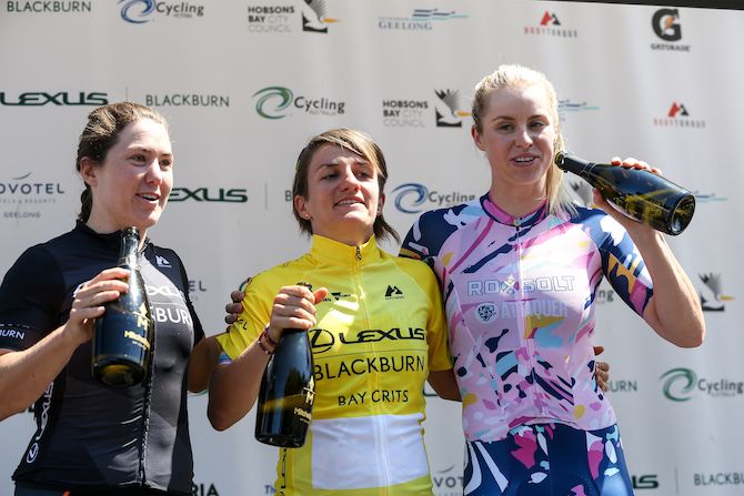 Valentina Scandolara (Roxsolt Attaquer) celebrates her second overall win in a row at the 2019 Bay Crits with second-placed Chloe Hosking and Peta Mullens