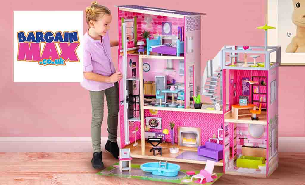 Bargain max logo placed over an image of a child with doll house