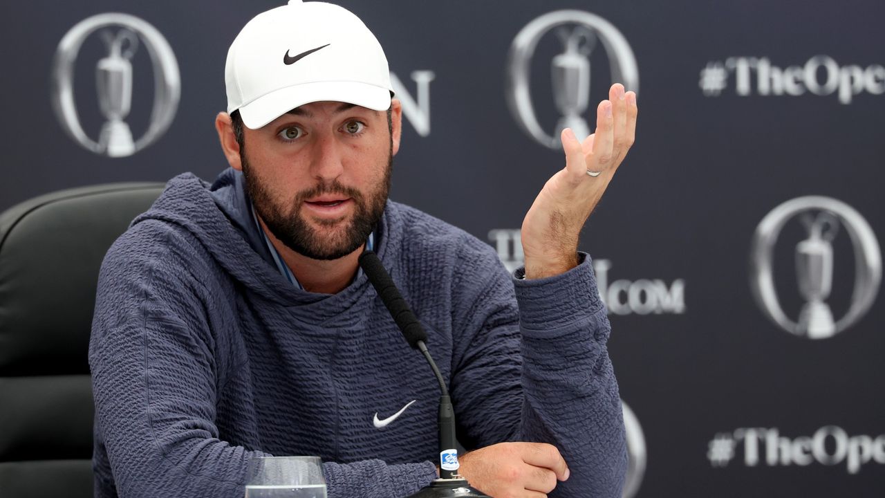 Scottie Scheffler faces the press before The Open