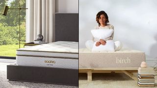 Saatva Latex Hybrid vs Birch Natural Mattress. White Saatva on grey bed base with window looking out to greenery behind. Cream Birch with a woman holding a pillow sat on it. 