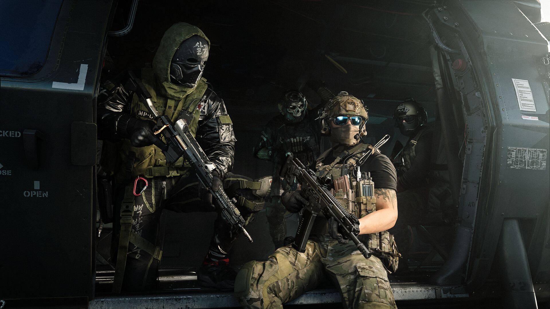 A promotional image from Call of Duty: Modern Warfare 4 showing two soldiers in the door of a helicopter. 