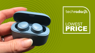 JLab Go Air Pop against a green background