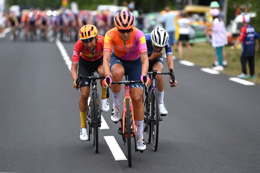MAURIAC FRANCE JULY 24 LR Anouska Koster of The Netherlands and Team UnoX Pro Cycling Team Soraya Paladin of Italy and Team CanyonSRAM Racing and Yara Kastelijn of The Netherlands and Team FenixDeceuninck compete in the breakaway during the 2nd Tour de France Femmes 2023 Stage 2 a 1517km stage from ClermontFerrand to Mauriac UCIWWT on July 24 2023 in Mauriac France Photo by Tim de WaeleGetty Images
